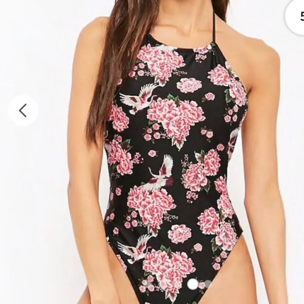 Black halter neck one piece swimsuit with roses and cranes print